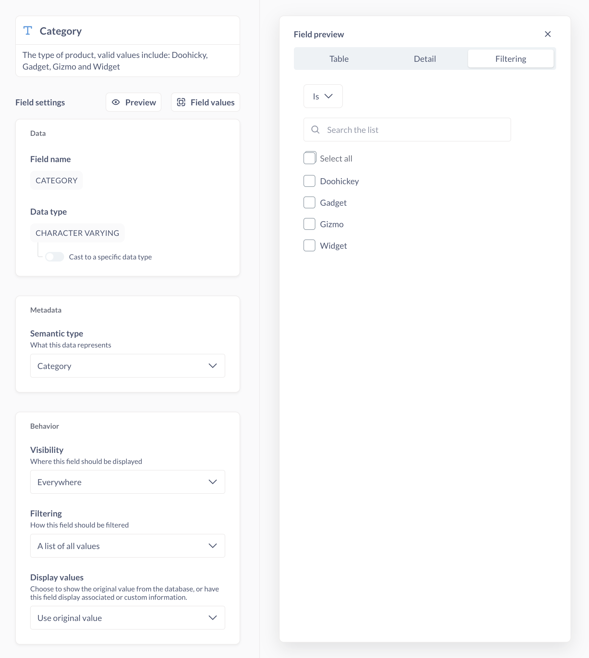 Field filtering preview