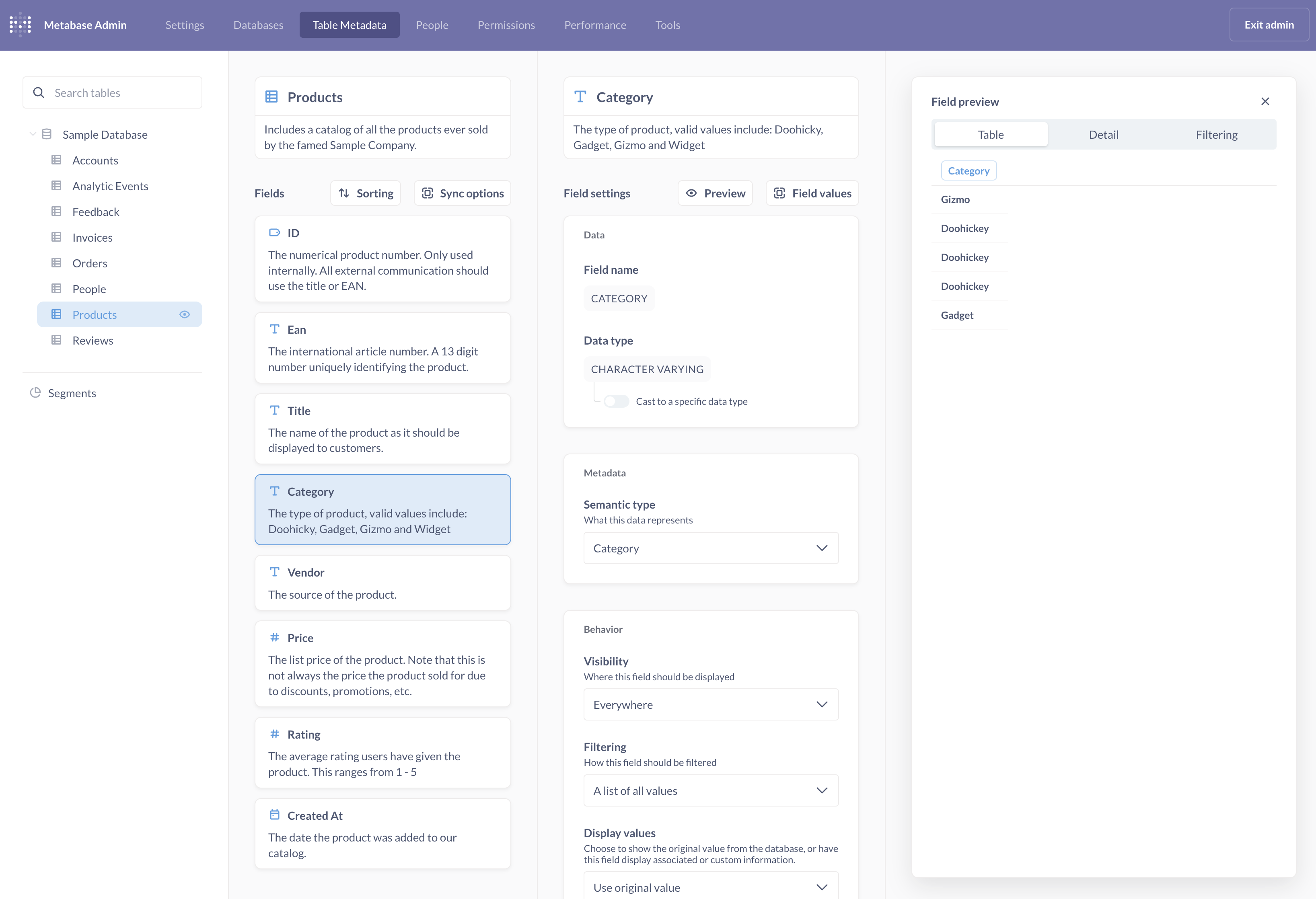 Table metadata settings