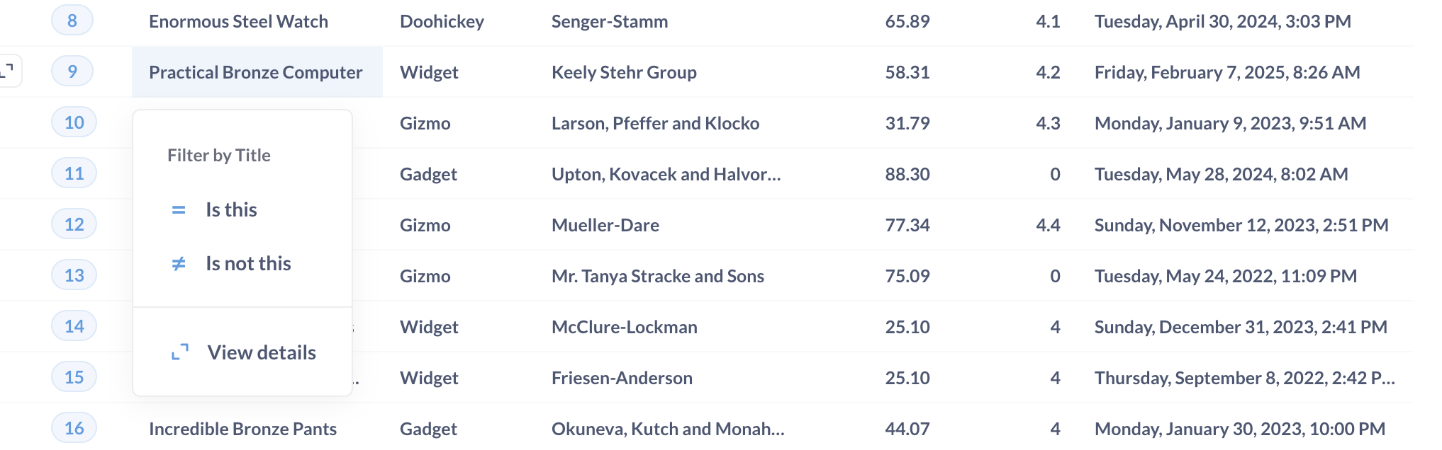 Clicking on a table cell gives you different options depending on the column's data type