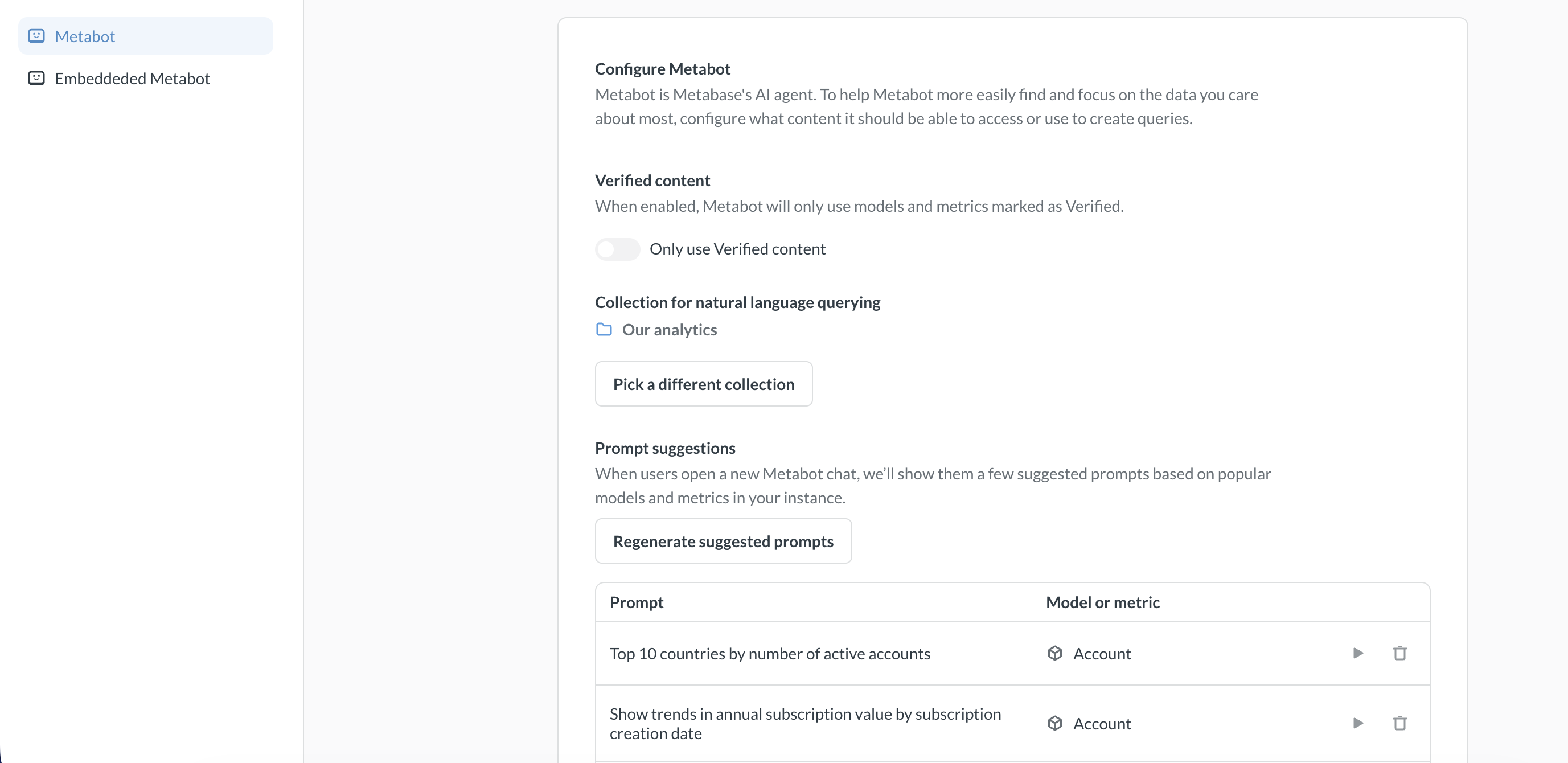 Admin settings for AI Metabot