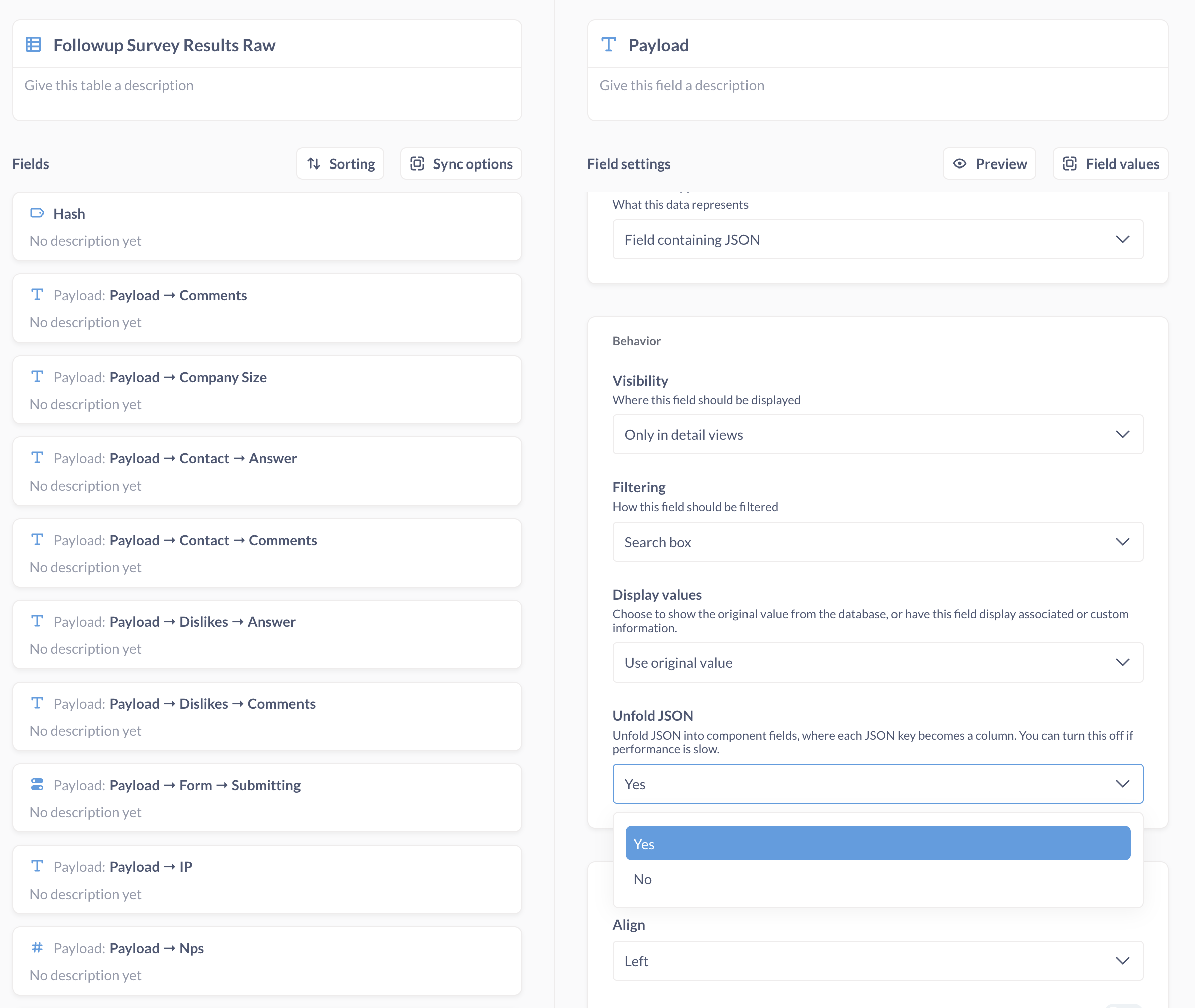 Unfolded JSON setting