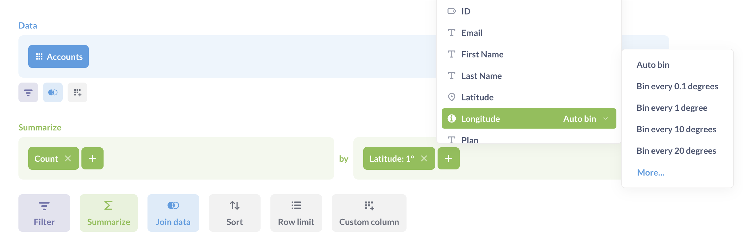 Binned latitude and longitude in the query builder