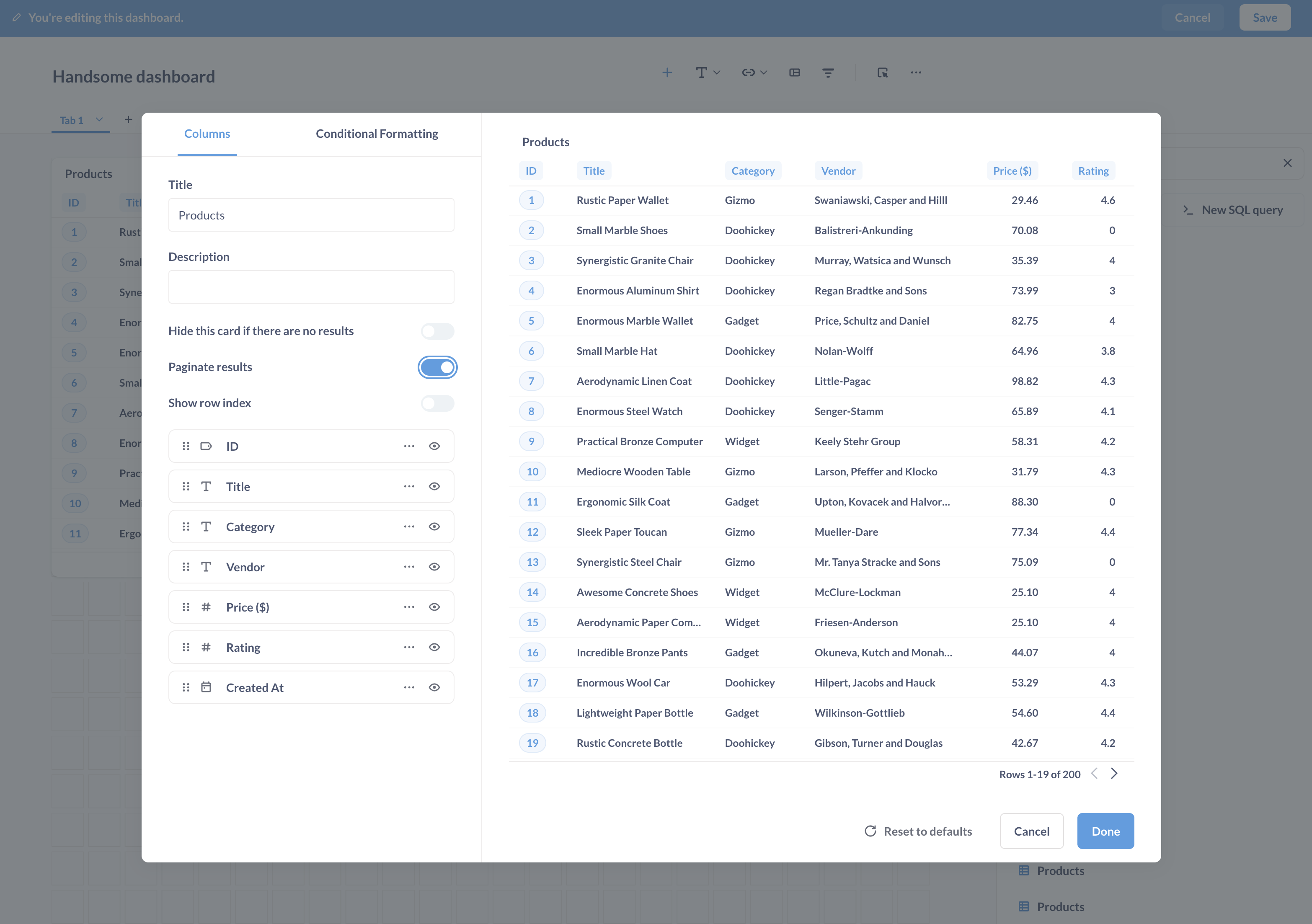 Paginate table results on dashboard card