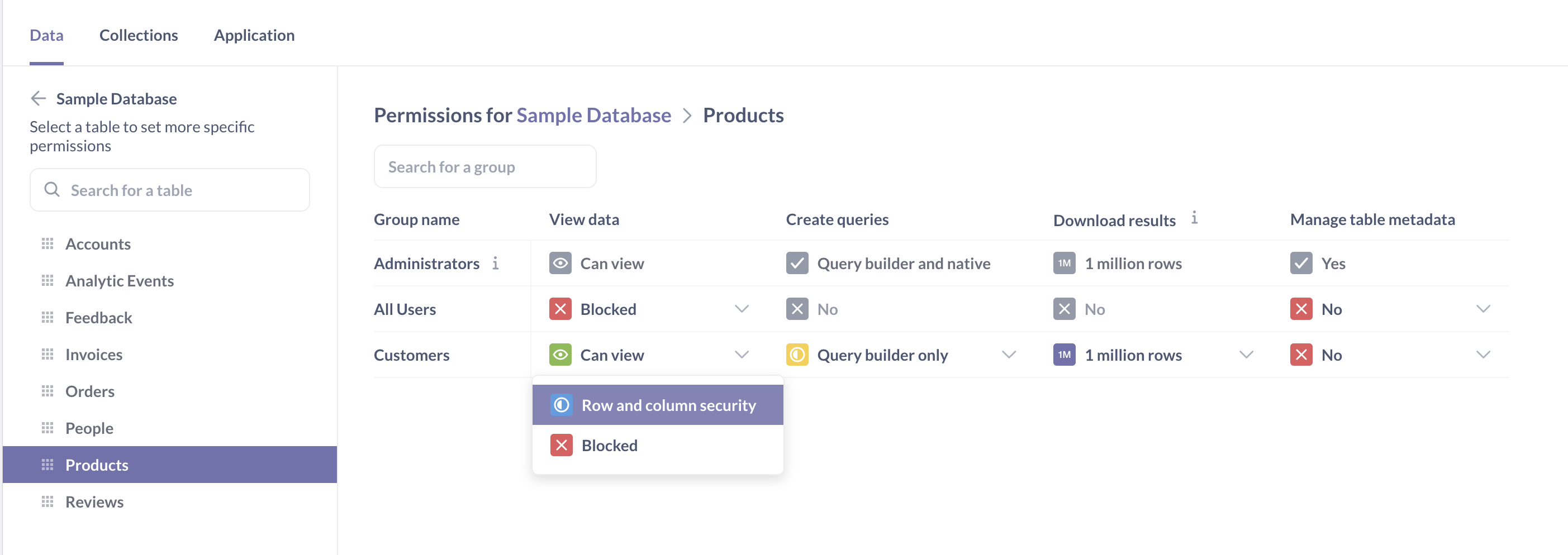 Set up access to the Products table for the Customer group.