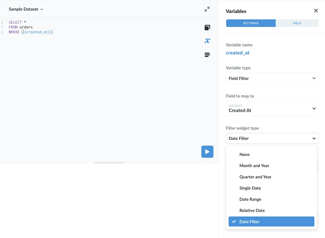 Setting the Field to map to option to a field containing dates will open up a range of Filter widget types: Month and Year, Quarter and Year, Single Date, Date Range, Relative Date, and Date Filter.