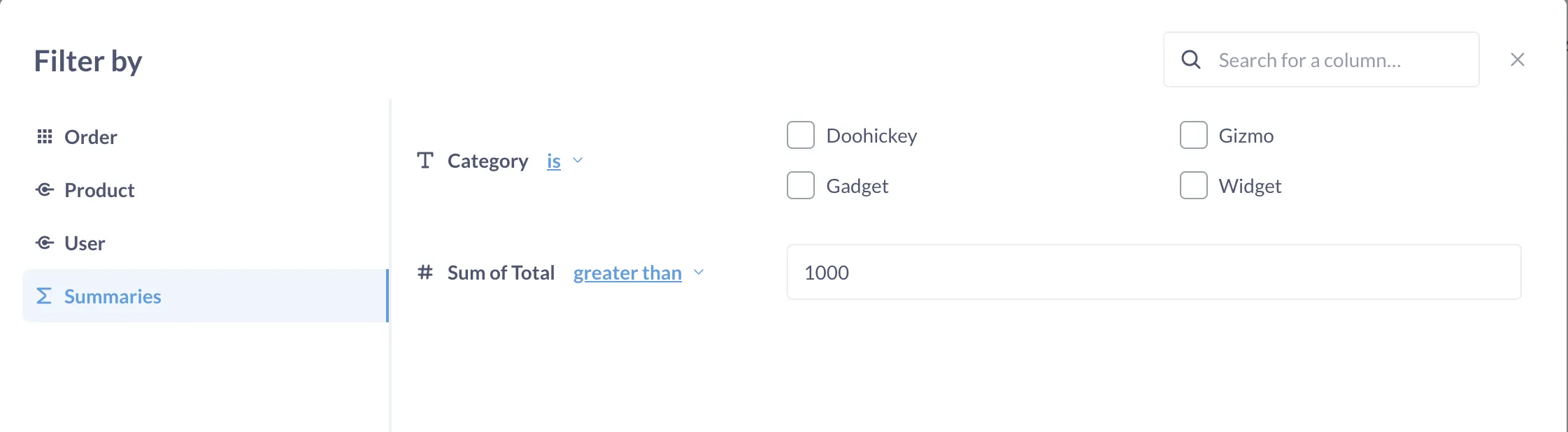 Filter summary in modal