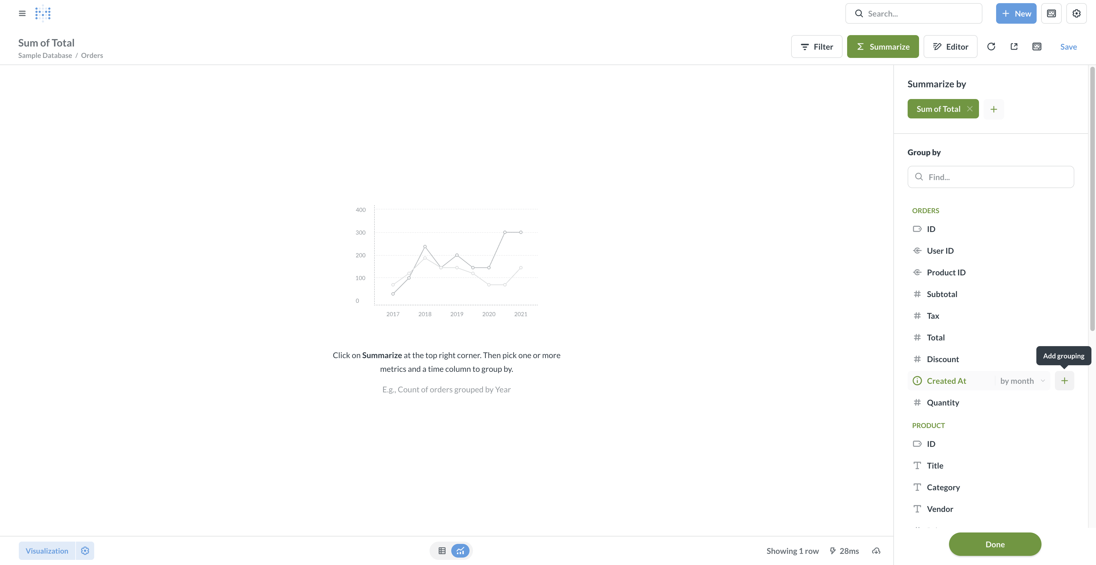 Hover over Created At and click on the plus button to add a grouping by month. You can select other time intervals (day, week, year) by clicking on by month.
