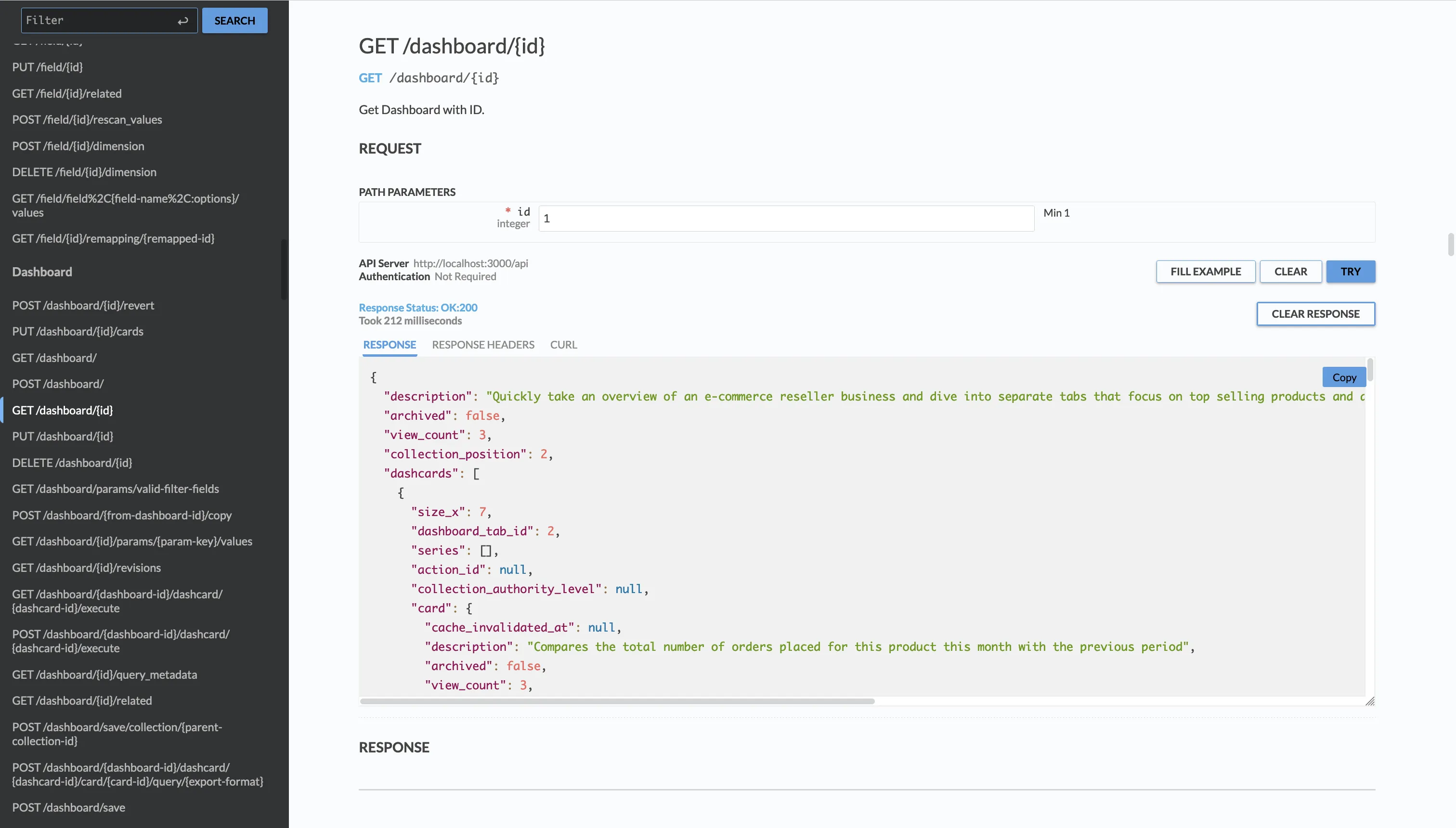 Example of an API response in live docs