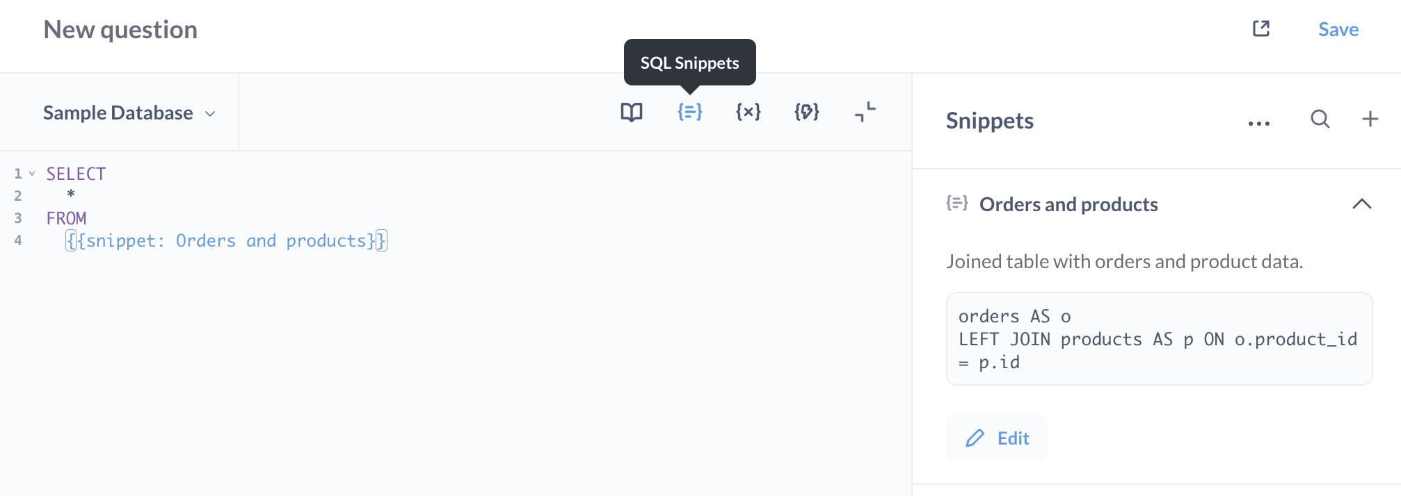 Example snippet using the Sample Database included with Metabase.