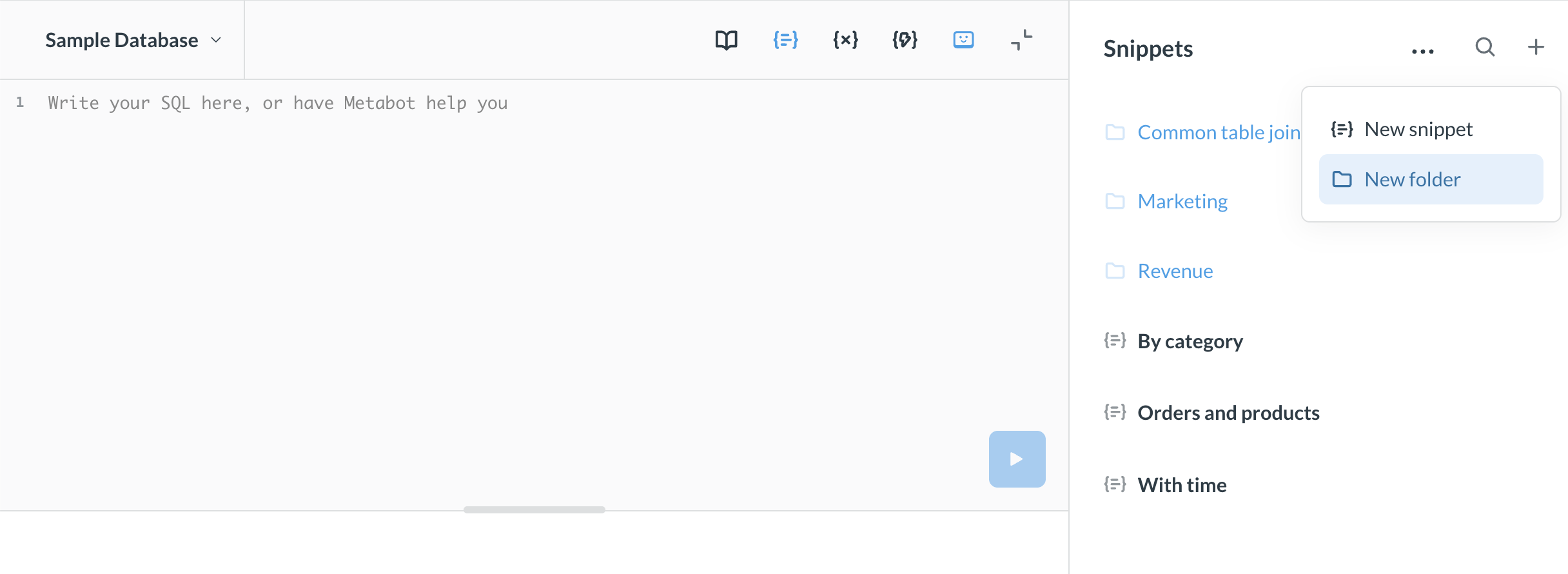 Creating a snippet folder in Metabase Enterprise Edition.