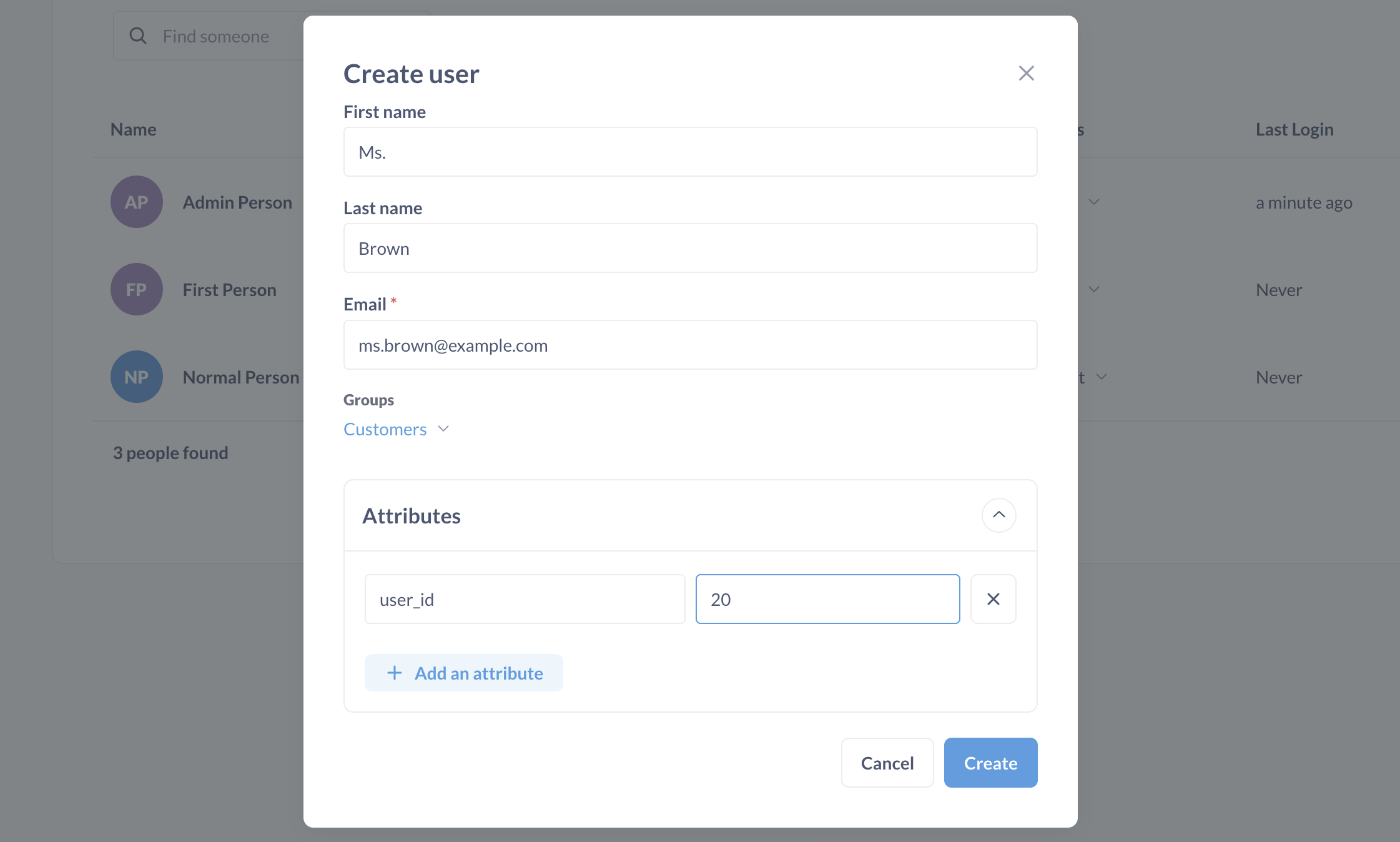 Adding Ms. Brown to the Customers group, and giving her an attribute: user_id: 20.