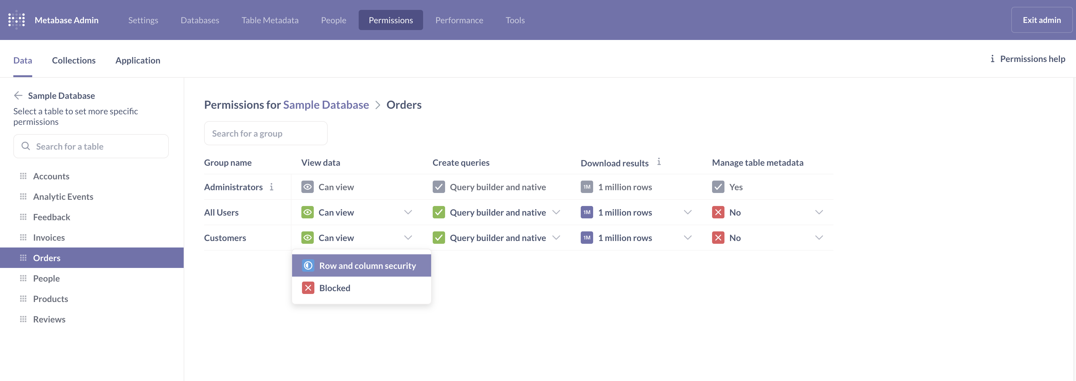 Restricting row access for the Customer group for the Orders table.