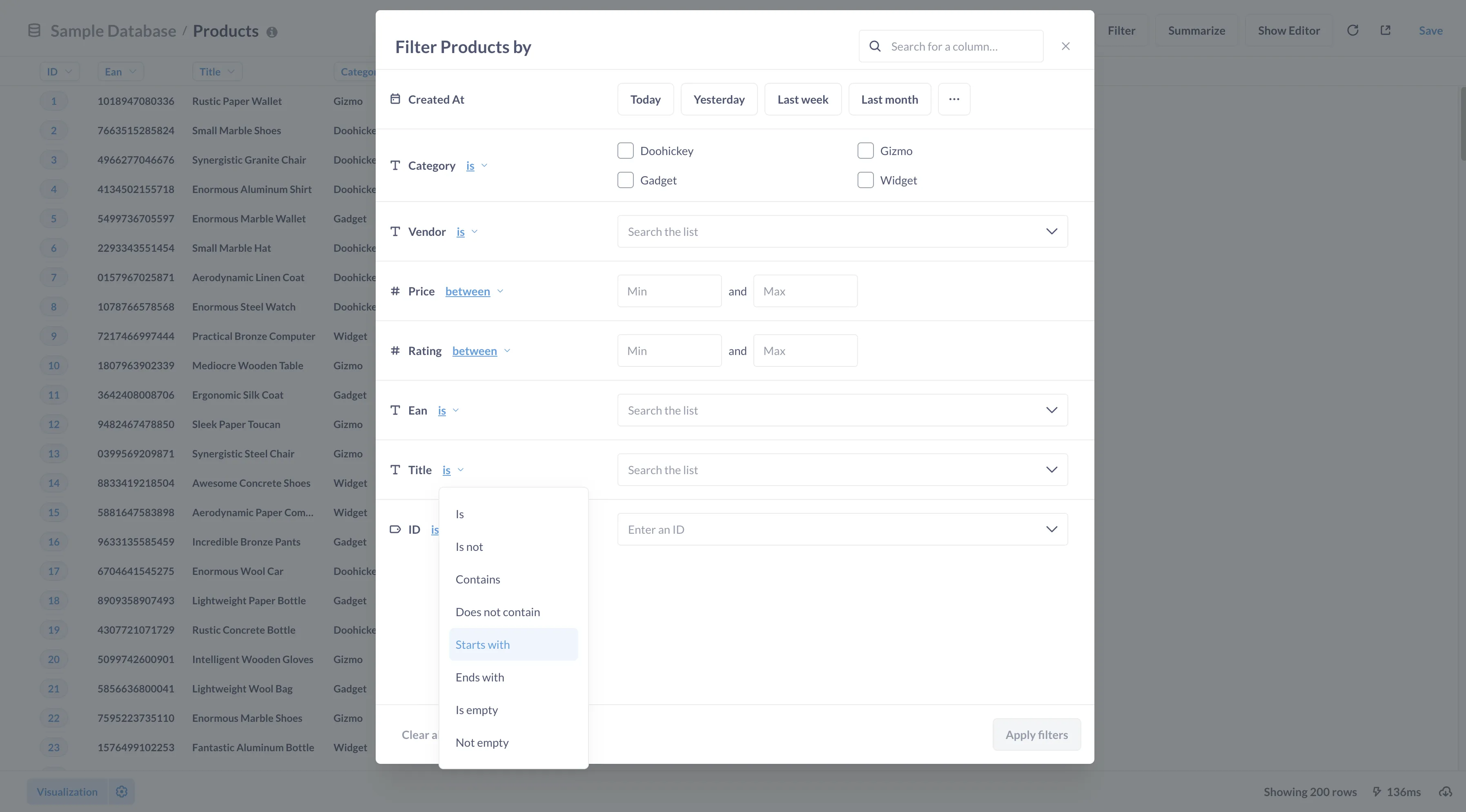 Creating a search widget by adding a filter to a question.